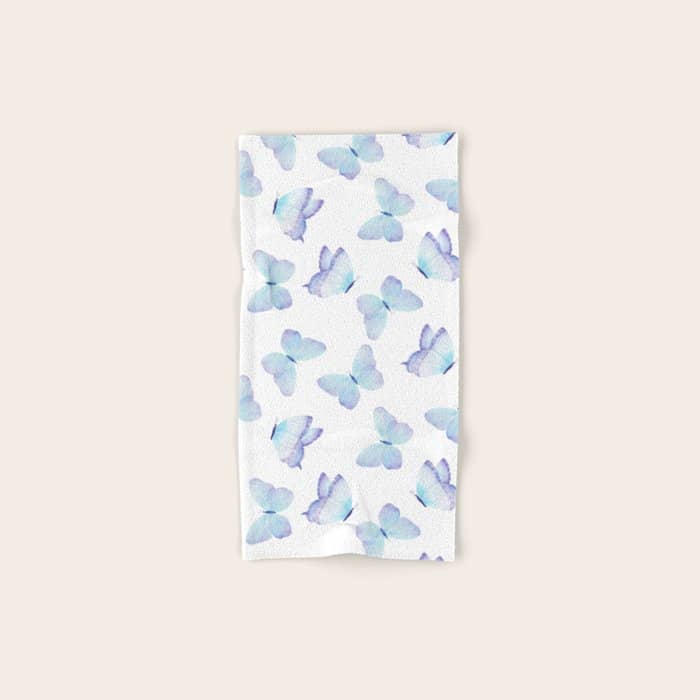 Lilac Aqua Blue Watercolor Hand Painted Butterfly Bath Towel