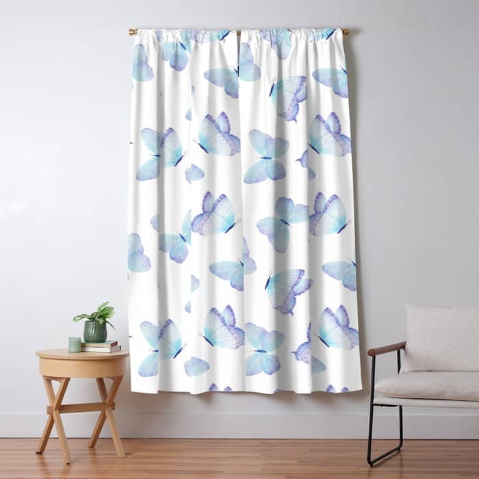 Lilac Aqua Blue Watercolor Hand Painted Butterfly Window Curtain