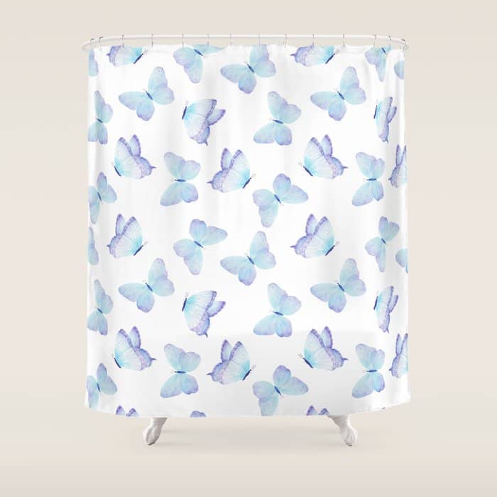 Lilac Aqua Blue Watercolor Hand Painted Butterfly Shower Curtain