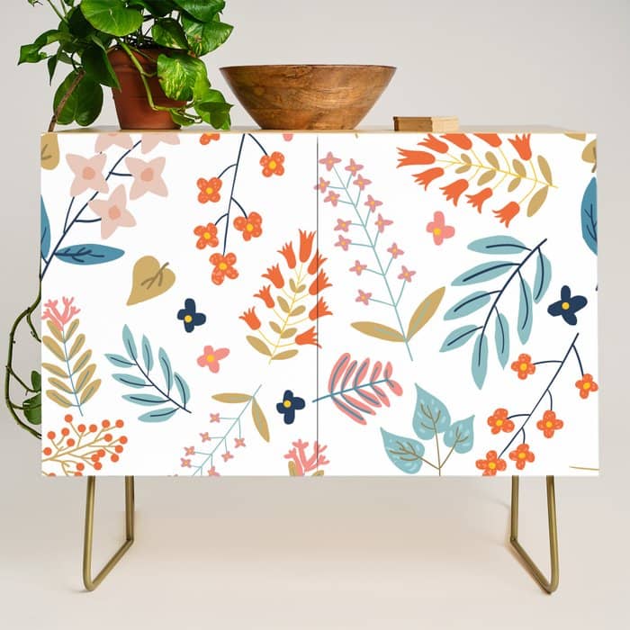 Botanical Harmony | Floral Vintage Plants Colorful Leaves | Autumn Spring Nature Bohemian Chic Credenza