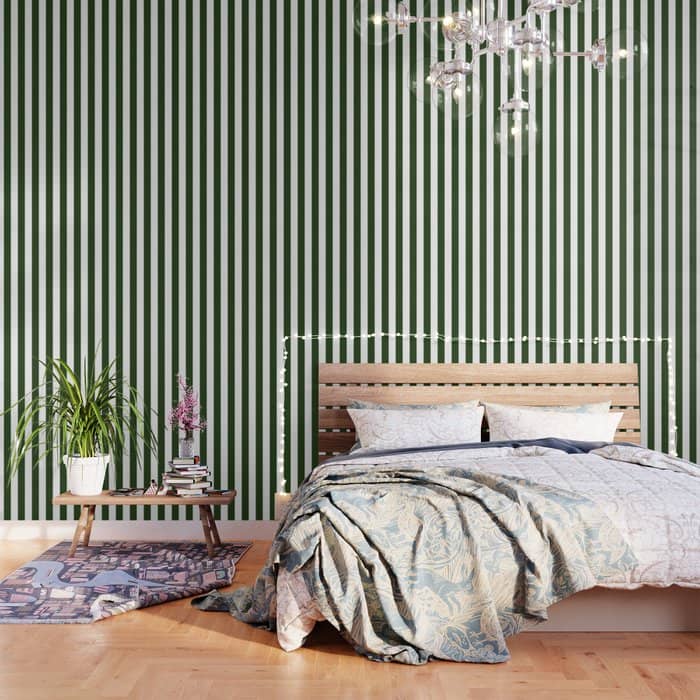 Large Dark Forest Green And White Circus Tent Stripes Wallpaper