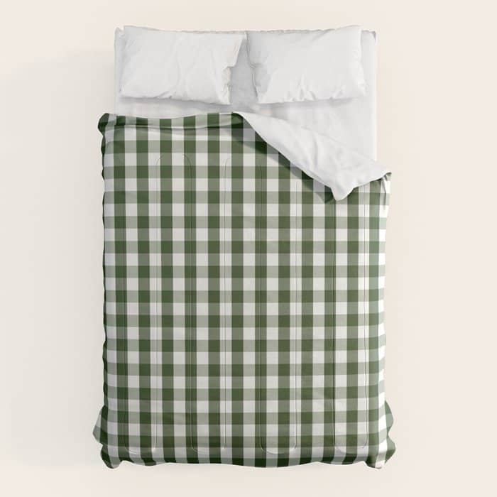 Dark Forest Green And White Gingham Check Comforter