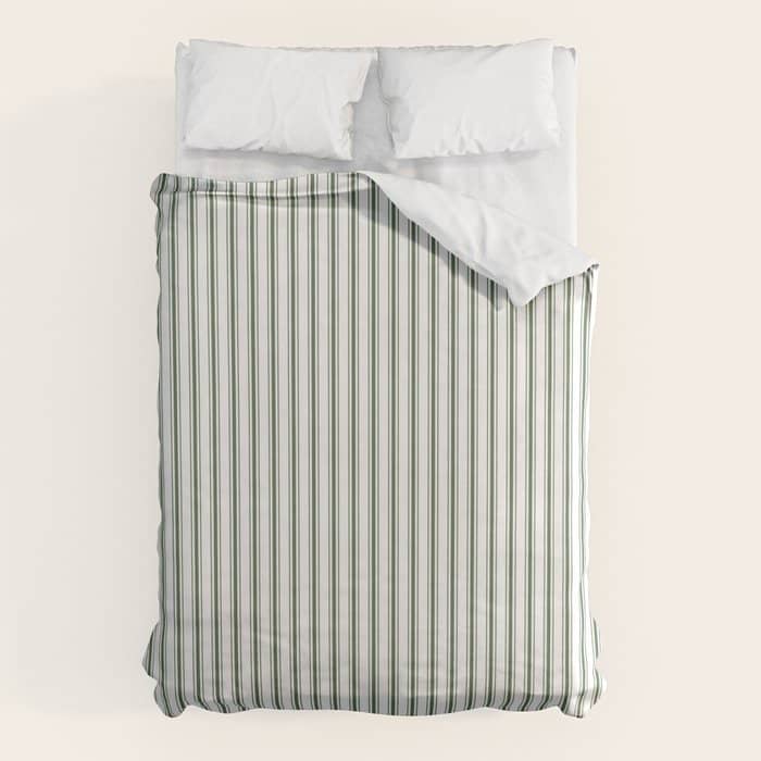 Small Dark Forest Green And White Mattress Ticking Stripes Duvet Cover