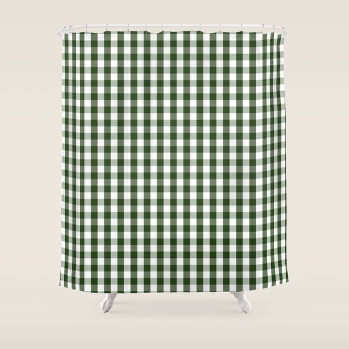 Dark Forest Green And White Gingham Check Shower Curtain