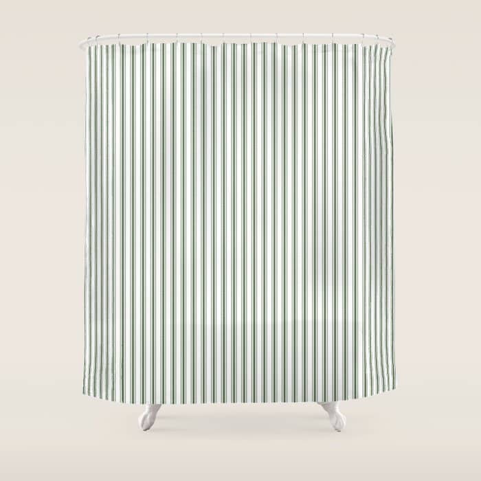 Small Dark Forest Green And White Mattress Ticking Stripes Shower Curtain
