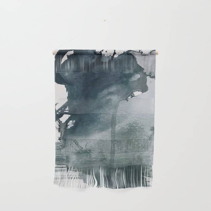 Lakeside: A Minimal, Abstract, Watercolor And Ink Piece In Shades Of Blue And Green Wall Hanging