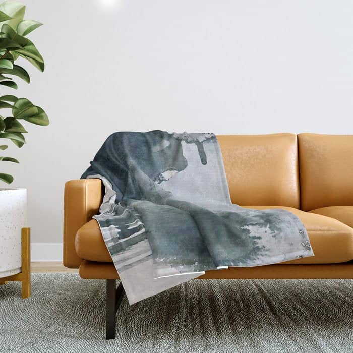 Lakeside: A Minimal, Abstract, Watercolor And Ink Piece In Shades Of Blue And Green Throw Blanket