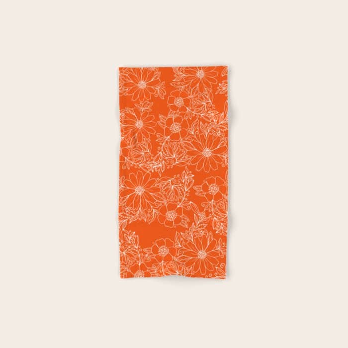Hand Drawn White Bright Orange Modern Floral Bath Towel