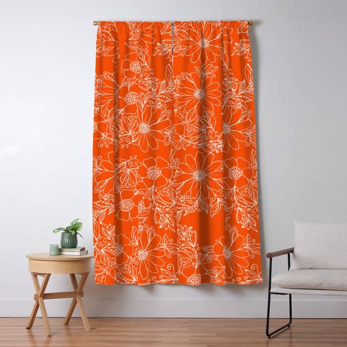 Hand Drawn White Bright Orange Modern Floral Window Curtain
