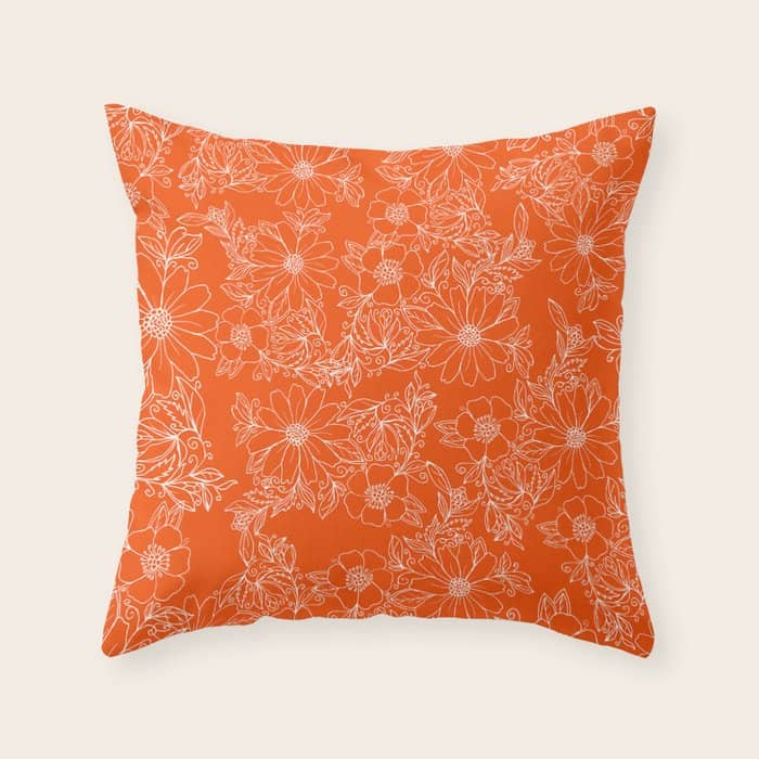 Hand Drawn White Bright Orange Modern Floral Throw Pillow
