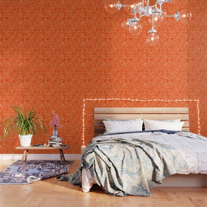 Hand Drawn White Bright Orange Modern Floral Wallpaper