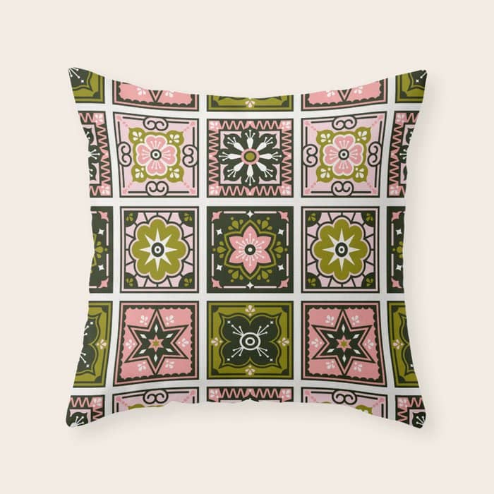 Talavera Mexican Tile - Blush & Sage Palette Throw Pillow