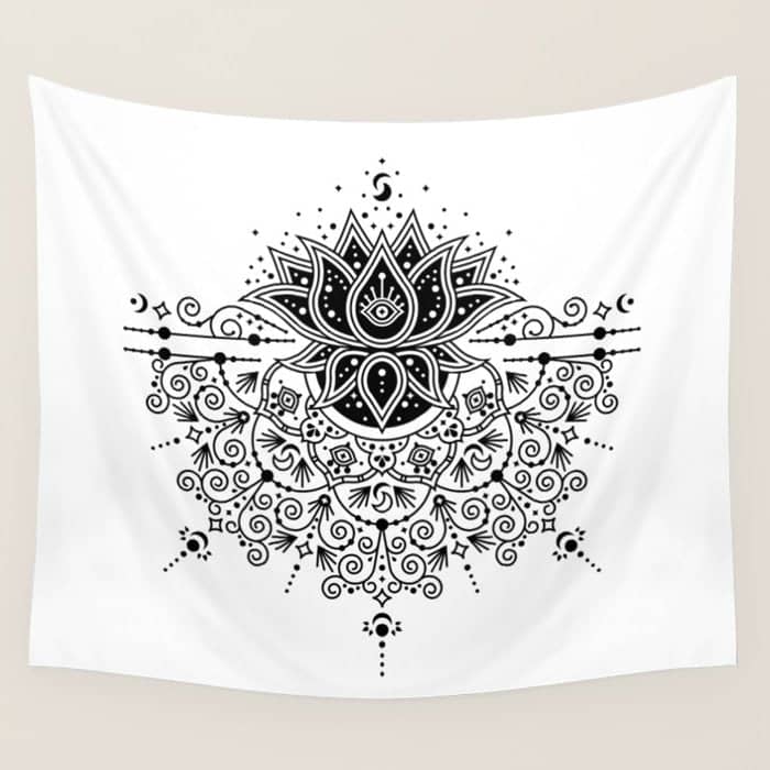 Lotus Blossom Mandala - Black Palette Wall Tapestry