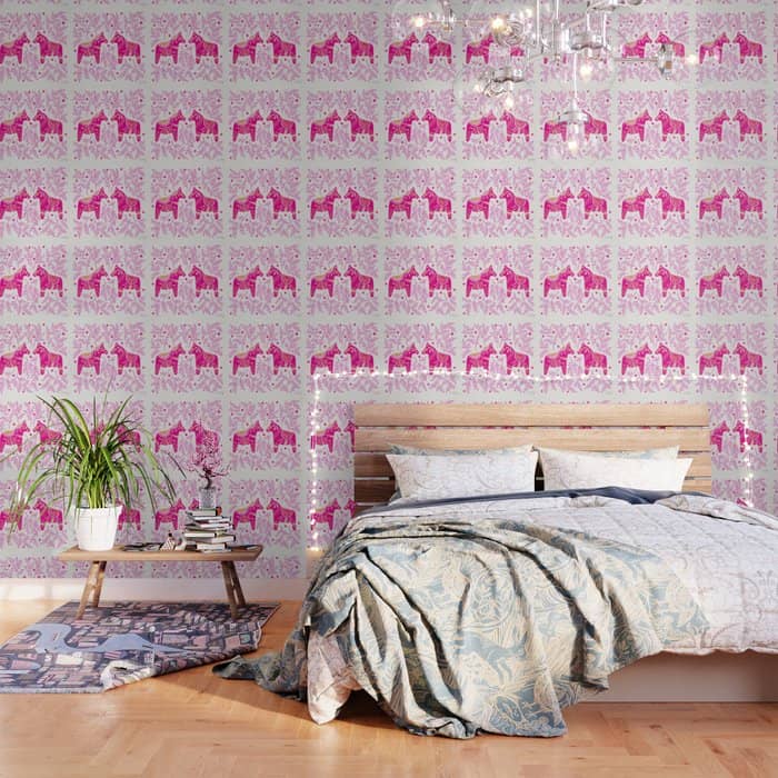 Swedish Dala Horses - Pink Palette Wallpaper