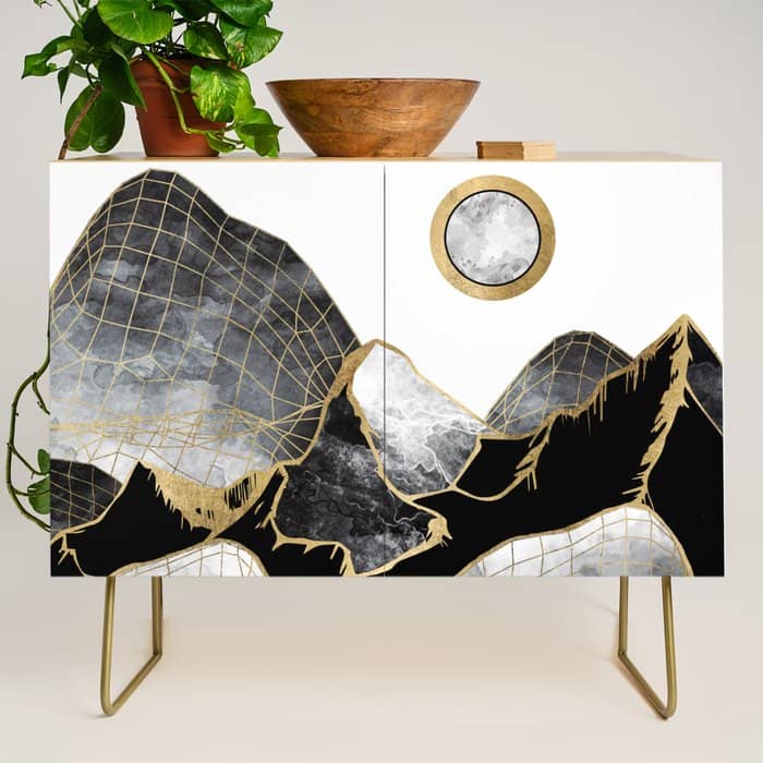 Minimal Black And Gold Mountains Credenza