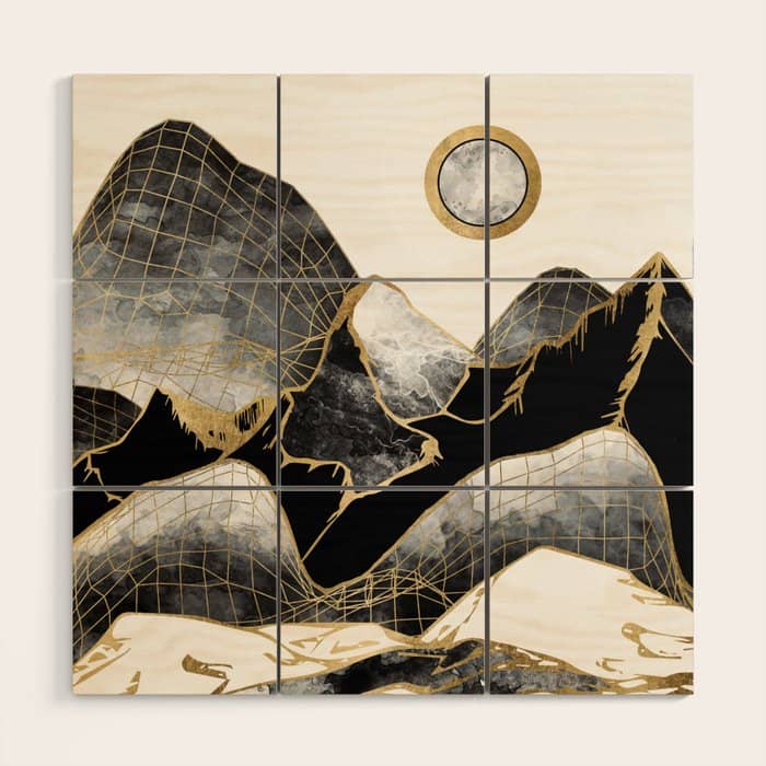 Minimal Black And Gold Mountains Wood Wall Art