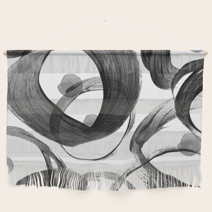 Modern Abstract Black White Hand Painted Brushstrokes Wall Hanging