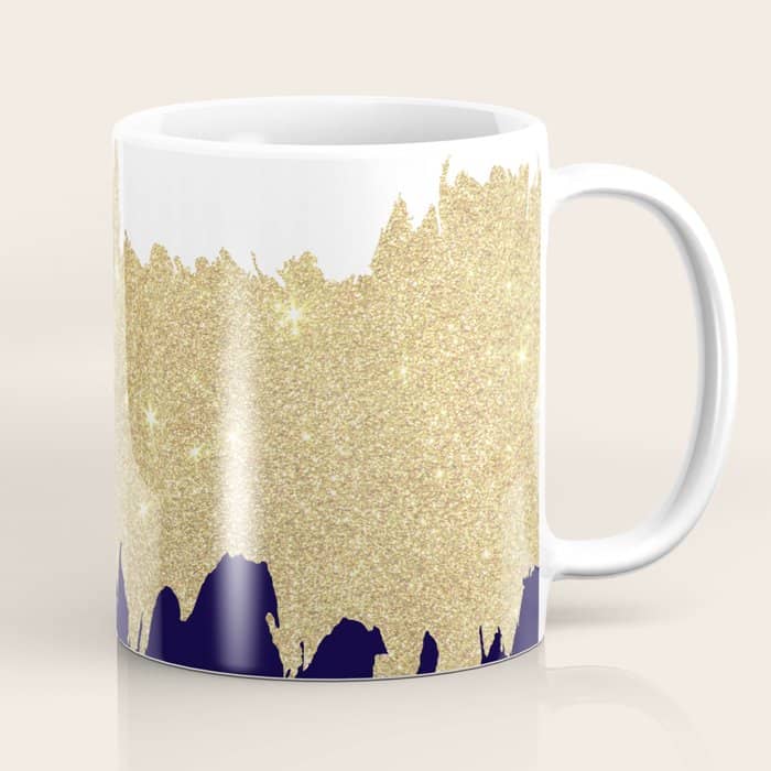 Modern Navy Blue White Faux Gold Glitter Brushstrokes Coffee Mug