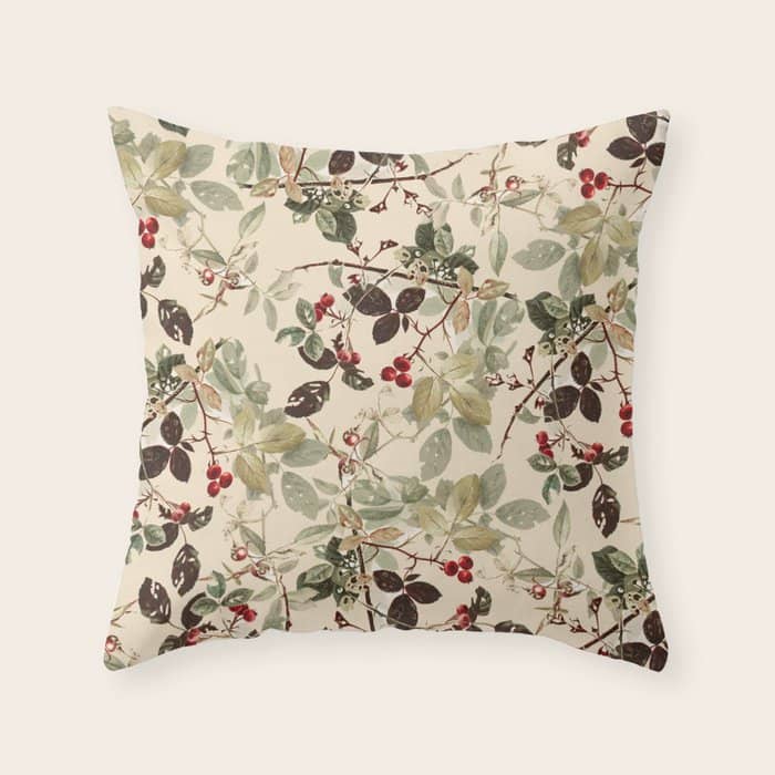 Vintage Ivory Red Green Forest Berries Floral Throw Pillow