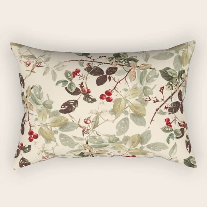 Vintage Ivory Red Green Forest Berries Floral Rectangular Pillow