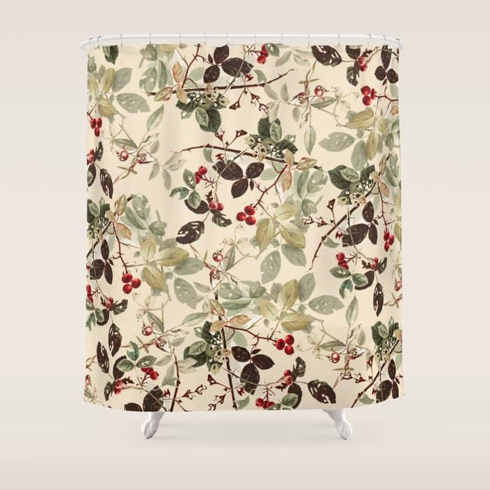 Vintage Ivory Red Green Forest Berries Floral Shower Curtain