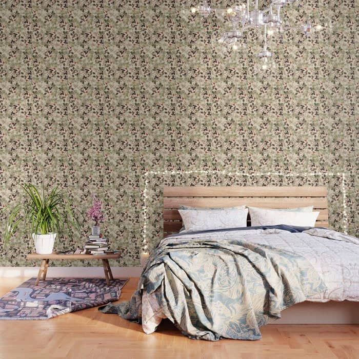 Vintage Ivory Red Green Forest Berries Floral Wallpaper