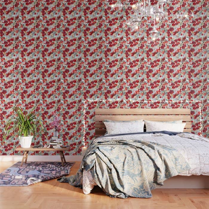 Red Teal Hand Painted Boho Watercolor Roses Floral Wallpaper