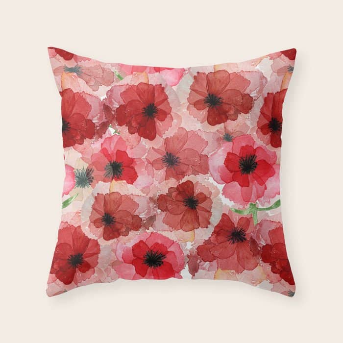 Pressed Poppy Blossom Pattern Throw Pillow