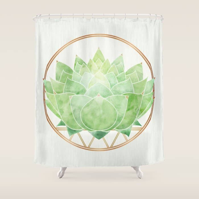 Watercolor Succulent Plant With Metallic Gold Shower Curtain