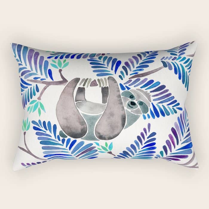 Happy Sloth - Tropical Blue Leaves Rectangular Pillow