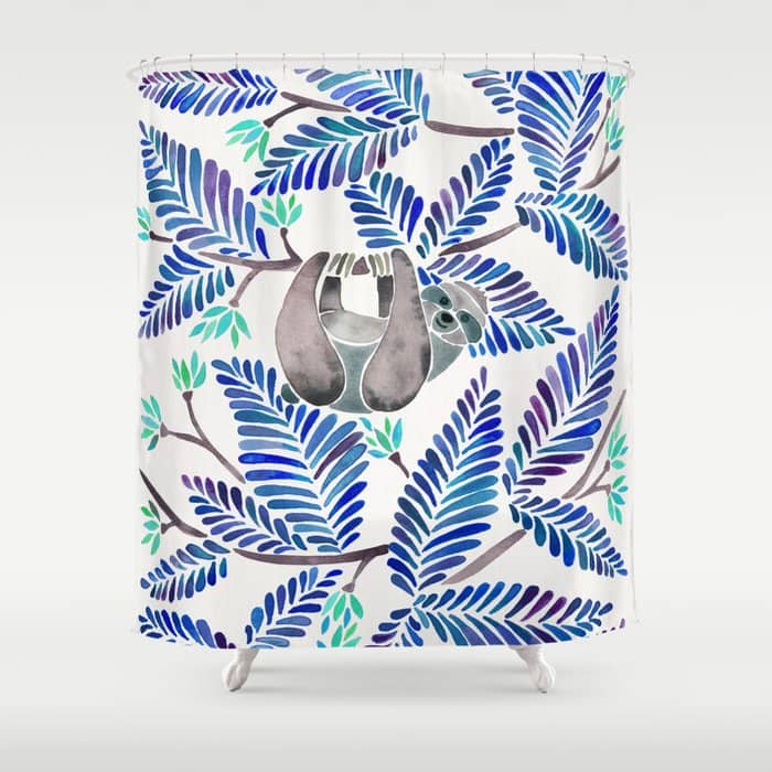 Happy Sloth - Tropical Blue Leaves Shower Curtain