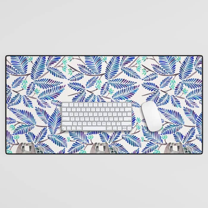 Happy Sloth - Tropical Blue Leaves Desk Mat