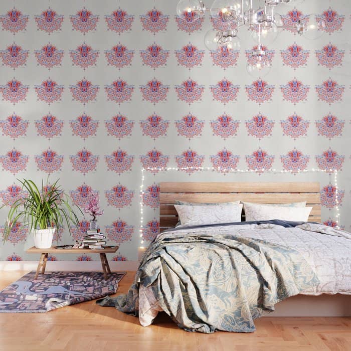 Sacred Lotus Mandala - Red & Blue Palette Wallpaper