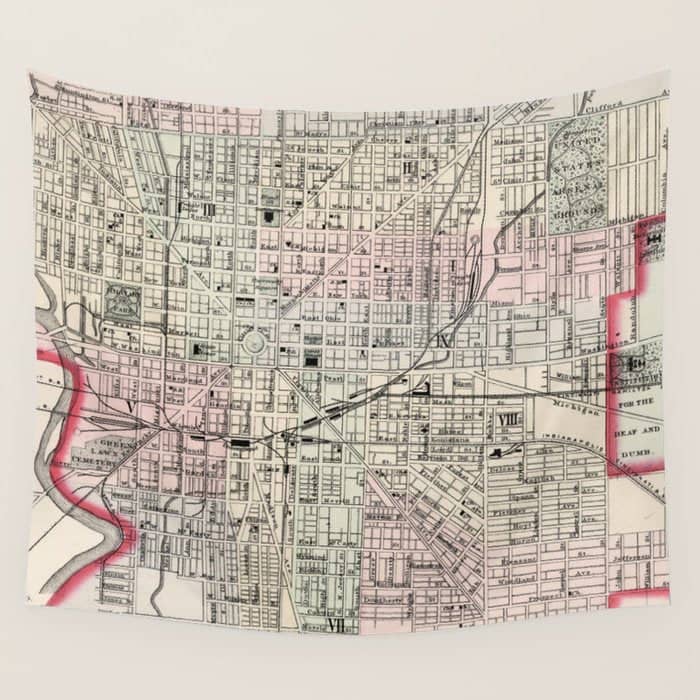 Vintage Map Of Indianapolis Indiana (1884) Wall Tapestry