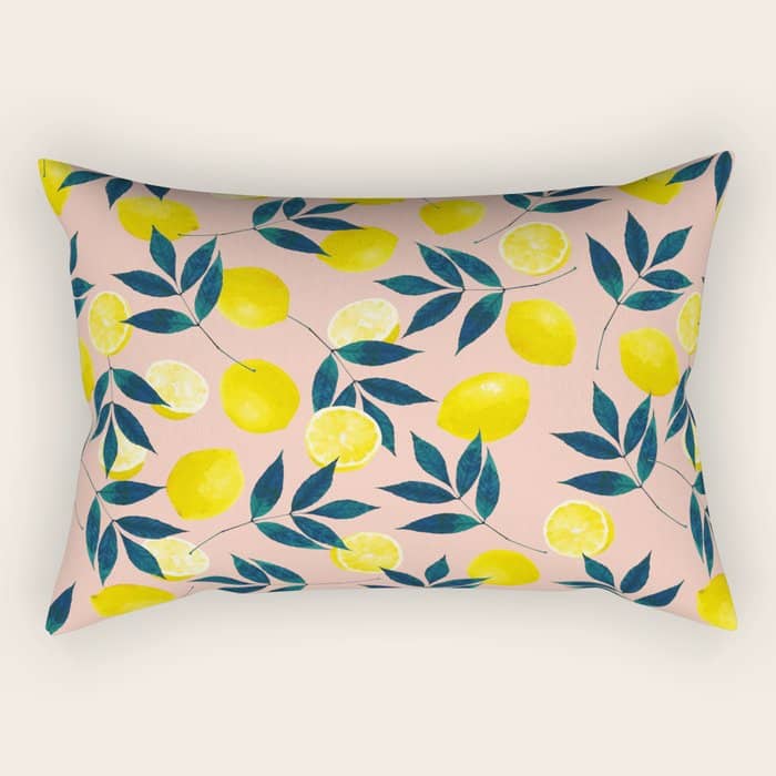 Lemon Goodness, Botanical Nature Forest Illustration, Bohemian Blush Colorful Painting Rectangular Pillow
