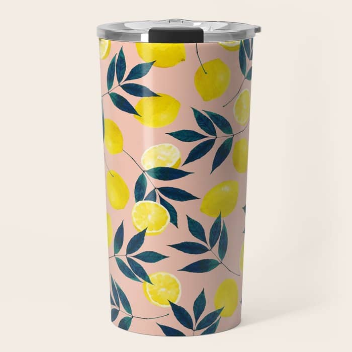 Lemon Goodness, Botanical Nature Forest Illustration, Bohemian Blush Colorful Painting Travel Mug