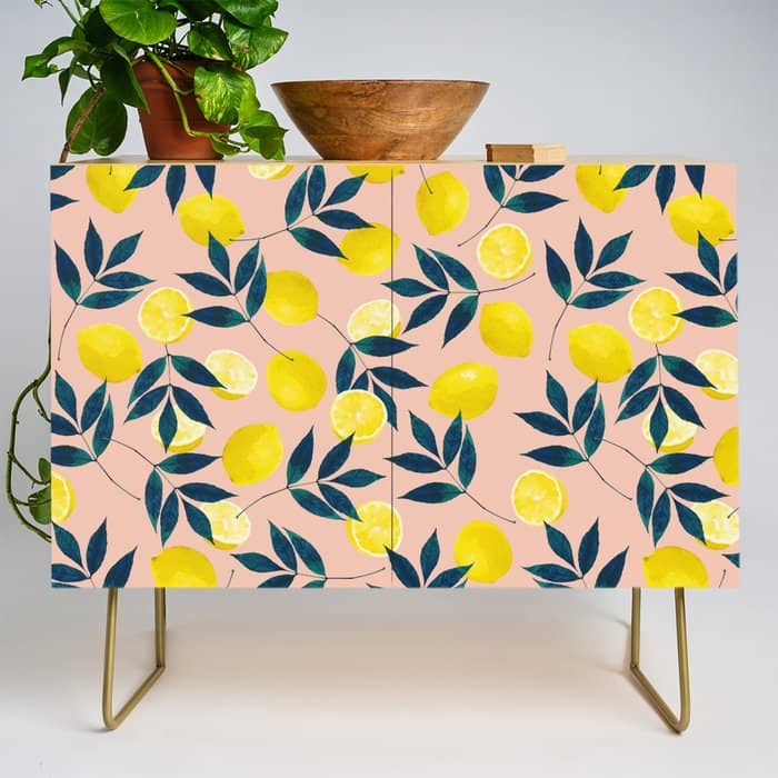 Lemon Goodness, Botanical Nature Forest Illustration, Bohemian Blush Colorful Painting Credenza
