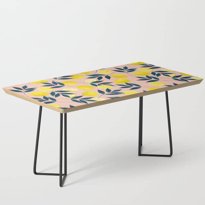 Lemon Goodness, Botanical Nature Forest Illustration, Bohemian Blush Colorful Painting Coffee Table