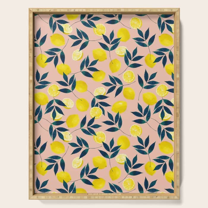 Lemon Goodness, Botanical Nature Forest Illustration, Bohemian Blush Colorful Painting Serving Tray