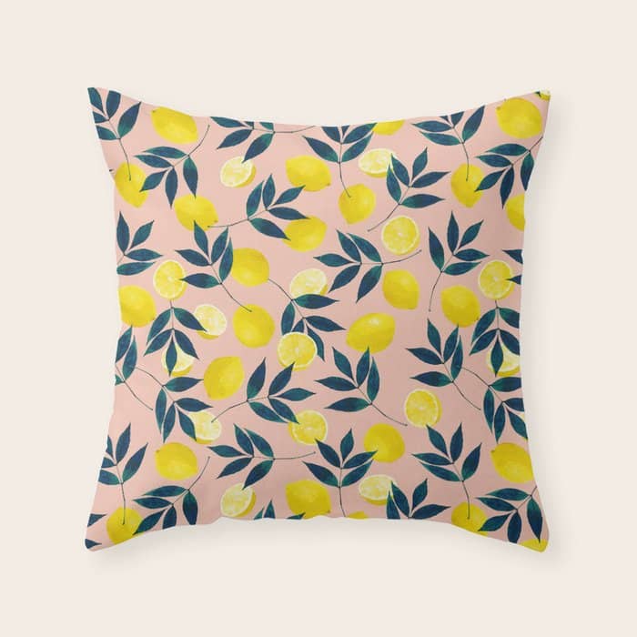 Lemon Goodness, Botanical Nature Forest Illustration, Bohemian Blush Colorful Painting Throw Pillow