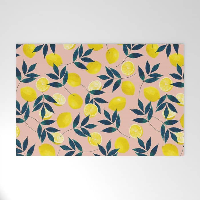 Lemon Goodness, Botanical Nature Forest Illustration, Bohemian Blush Colorful Painting Welcome Mat