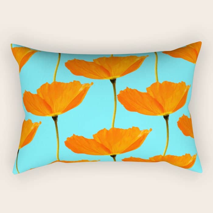 Poppies On A Turquoise Background #Decor #Homestorie #Buyart Rectangular Pillow