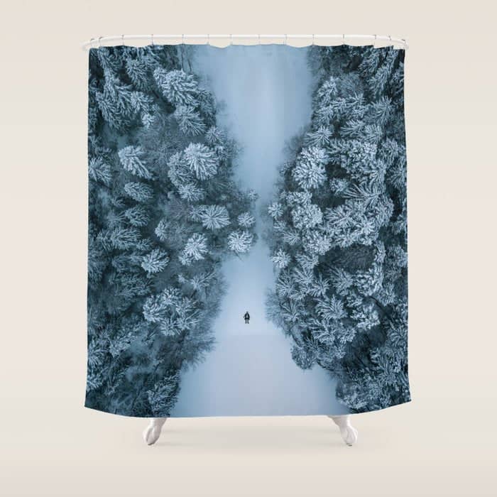 Man Lying In The Snow On A Frozen Lake In A Winter Forest - Landscape Photography Shower Curtain