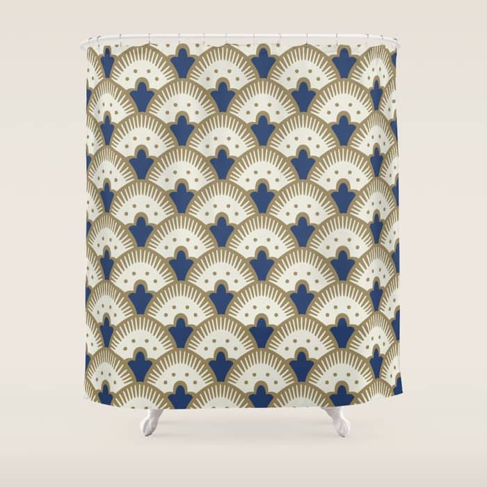 Art Deco Fan Pattern Blue And Gold Shower Curtain