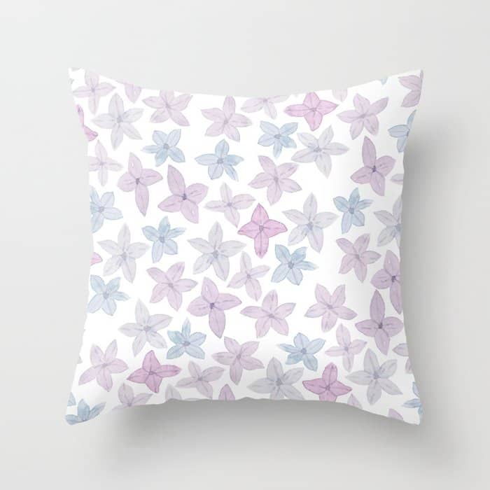 Watercolor Hand Painted Lavender Lilac Blue Floral Throw Pillow