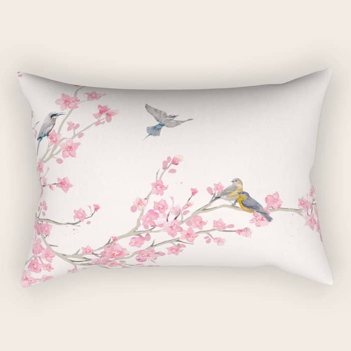 Birds And Cherry Blossoms Rectangular Pillow