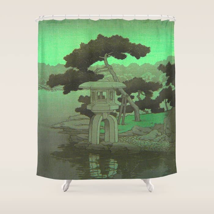 Kawase Hasui Vintage Japanese Woodblock Print Glowing Green Neon Sky Over A Zen Garden Shrine Shower Curtain