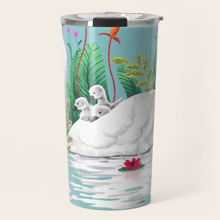 Bond, Jungle Animals, Swan Family Nature Pond Illustration, Bohemian Ducks Love Colorful Botanical Travel Mug