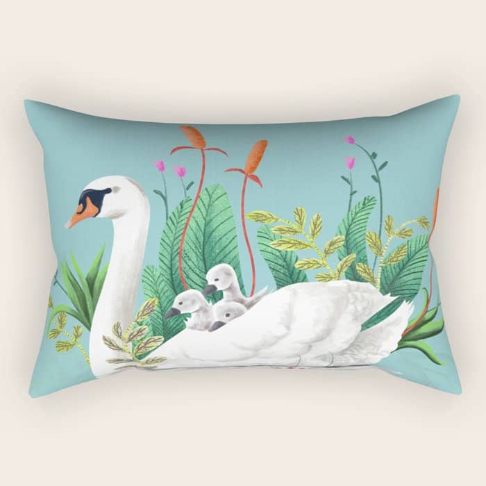 Bond, Jungle Animals, Swan Family Nature Pond Illustration, Bohemian Ducks Love Colorful Botanical Rectangular Pillow