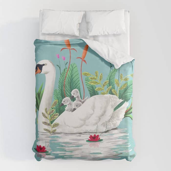 Bond, Jungle Animals, Swan Family Nature Pond Illustration, Bohemian Ducks Love Colorful Botanical Duvet Cover